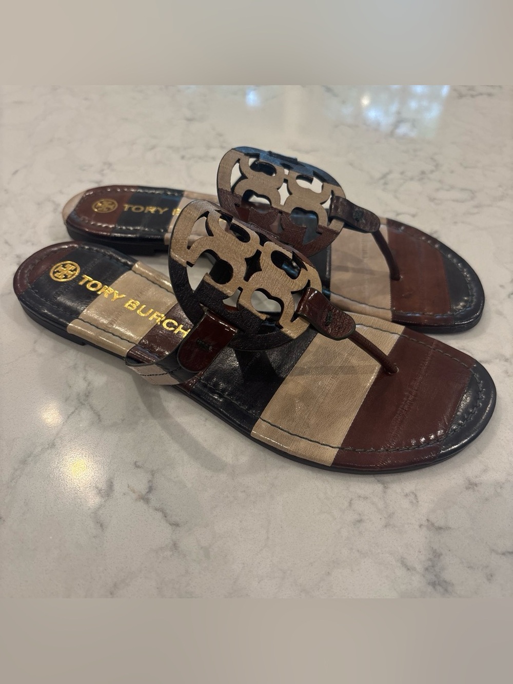 Tory Burch Striped Leather Sandals in Brown, Tan, Black - Picture 2 of 3